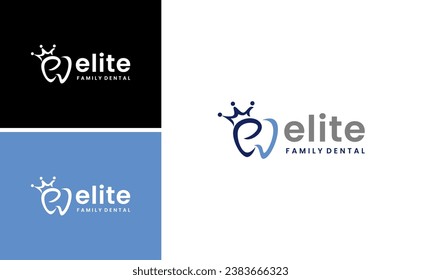 logotipo de familia odontológica elitista con vector de corona y plantilla de letra E 