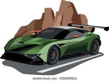 elite high  speed green car and spoiler   tinted windows the road against background rocks