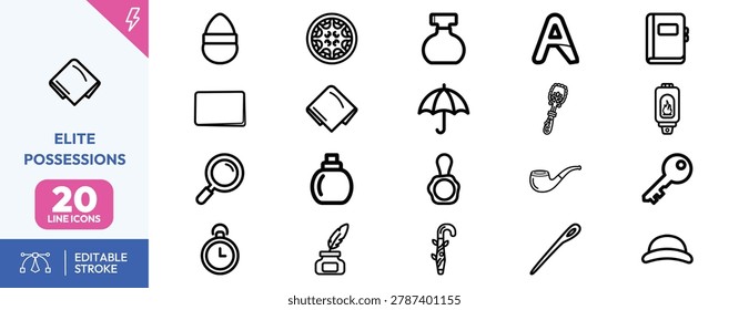 Elite Possessions icon set. Contain icons related to luxury, key, watch, book, umbrella, and more. Editable stroke. Vector illustration.