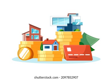 Elite real estate houses with different cost vector illustration. New living complex flat style. Invest in property, passive income concept