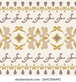 Elite Rich Purple Gold Scroll Ornament Royal Design on Light Background. Luxury Florals Leaves Dewdrops Rococo Baroque Pattern for Floor Decoration Tiles Mosaic Iznik Glamorous Embroidery Border Scarf