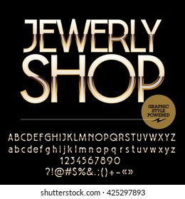 Elite set of silver and golden alphabet letters, numbers and punctuation symbols. Vector logotype with text Jewerly shop