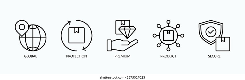 Elite Shield Icon Set Isolated Vector With Icon Of Global, Protection, Premium, Product, Secure In Outline Style