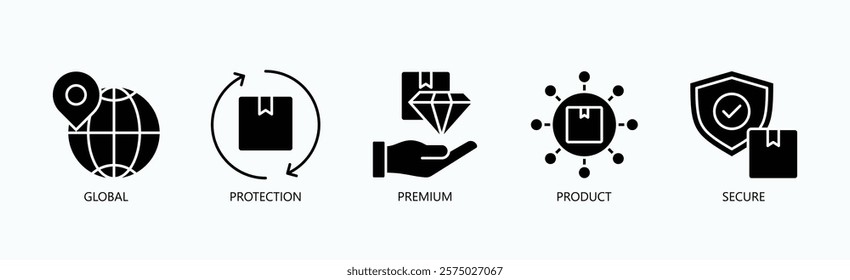 Elite Shield Icon Set Isolated Vector With Icon Of Global, Protection, Premium, Product, Secure In Glyph Style