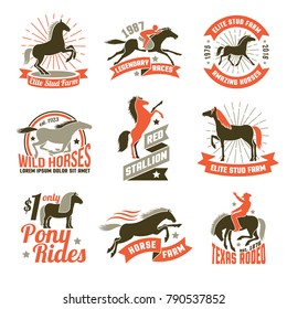 Elite stud farms for horses breeding and jockey clubs historical racing three colored emblems collection isolated vector illustration