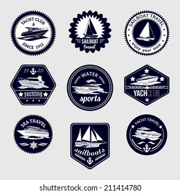 Elite World Water Sport Yacht Club Sailboat Sea Travel Design Labels Set Black Icons Isolated Vector Illustration