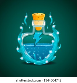 Elixir bottle with energy in magic smoke. Game design illustration