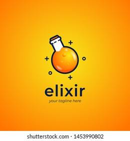 Elixir bottle logo with orange liquid, cartoon style elixir potion logo icon