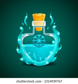 Elixir bottle with snowflake in magic smoke