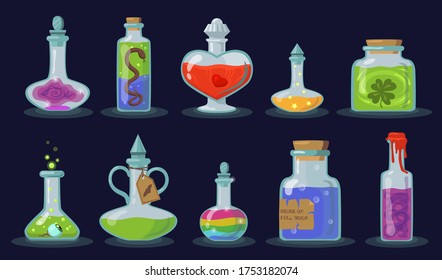 Elixir bottles set. Cartoon magic jars with potion, glass chemical vials with corks on black background. Flat vector illustration for witchcraft, alchemy, Halloween, poison concept