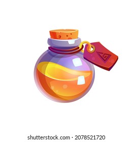 Elixir of death isolated round glass bottle with wooden cork and label. Vector sorcery toxic potion, vial container. Creepy poison Halloween party drink, evil brew accessory, perfume gui game element