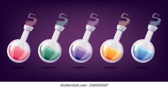 Elixir energy magic liquid glass potion isolated set. Vector cartoon design element illustration