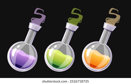 Conjunto aislado de poción de vidrio líquido mágico de energía de elixir. Ilustración de elemento de diseño de dibujos animados Vector