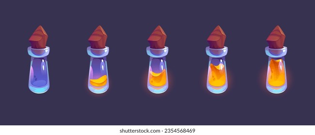 Elixir en frasco con corcho de madera - secuencia de animación de la botella de vidrio relleno con poción de vacío a lleno. Ilustración vectorial de dibujos animados conjunto de diferentes tubos de llanura - activo de juego de hp o energía