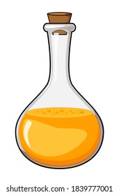 Elixir in glass bottle. Orange magic potion illustration isolated on white. Flask with chemical substance with bubble. Medicine or chemistry vector icon. Alchemy or laboratory symbol. Eps 10.