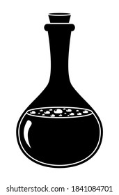 Elixir in glass bottle vector silhouette isolated on white. Black shape of magic potion. Illustration of black and white flask with chemical substance. Medicine container icon or symbol. Eps 10.