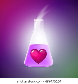 Elixir of Love background. Love chemistry. Set of hearts. Test tube with fluid. Chemical reaction. Vector illustration.