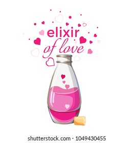 Elixir of love bottle with pink liquid and hearts isolated