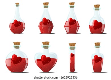Elixir of love. Set of small glass bottles of different shapes, inside with a red heart. Laboratory glassware for research. Vector illustration for Valentine's day card.
