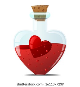 Elixir of love. A small glass bottle with smooth edges, with a red heart inside. Laboratory glassware for research. Vector illustration for Valentine's day card.