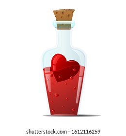 Elixir of love. A small glass bottle with smooth edges, with a red heart inside. Laboratory glassware for research. Vector illustration for Valentine's day card.