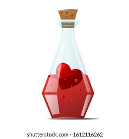 Elixir of love. A small glass bottle with sharp edges, with a red heart inside. Laboratory glassware for research. Vector illustration for Valentine's day card.