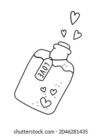 Elixir de amor. Ilustración vectorial en estilo doodle aislado en fondo blanco. El concepto del día de San Valentín de la poción de amor para una postal o un afiche.