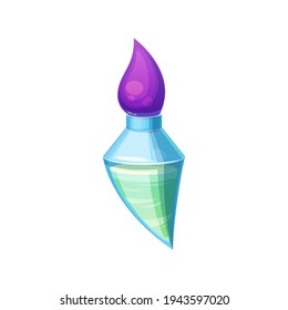 Elixir of love in vial isolated witch potion. Vector mixture in magical bottle, witchcraft poison drink, container of antidote with purple cork. Glass bottle with witch brewery, cartoon design element