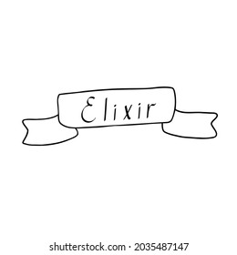 Elixir magic potion simple outline etiquette inscription, label for liquid substance vector illustration, handwritten Halloween lettering