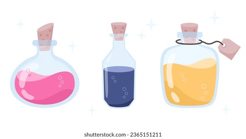 Elixir, pota botellas en estilo plano de caricatura. Conjunto de botellas con líquidos coloreados, elementos de diseño herramientas mágicas.