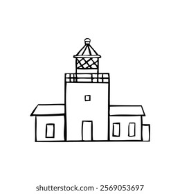 Elizabeth Lighthouse vector ink pen illustration isolated on white background, decorative beacon outline travel sign, Sakhalin Island, Far East, Russia for print design