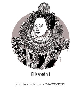 Elizabeth I - Queen of England and Ireland from 1558, the last monarch of the British Isles. Hand drawn vector illustration