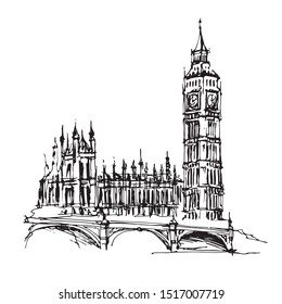 Elizabeth Tower, Big Ben building. UK famous symbol hand drawn line art sketch on white background.