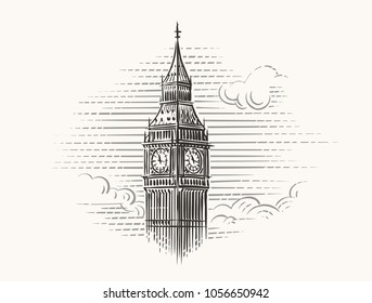 Elizabeth Tower (Big Ben) hand drawn illustration. Vector.