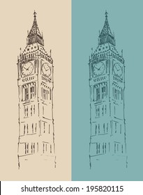 Elizabeth Tower, Big Ben, London vintage illustration, engraved retro style, hand drawn, sketch