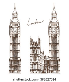 Elizabeth Tower (Big Ben) and Palace of Westminster hand drawn sketch. Vector illustration of popular place of London, England, United Kingdom. Isolated on white background with text