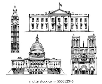 Elizabeth Tower (Big Ben), White House, Capitol Building, Notre Dame de Paris Cathedral vector illustration isolated on white background