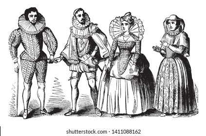 Elizabethan Costumes worn during the Elizabethan Era, vintage line drawing or engraving illustration.