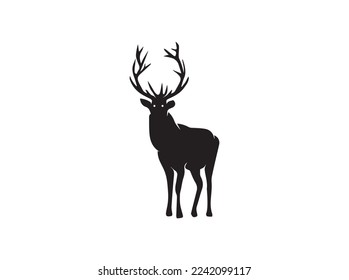 Elk animal reindeer drawn silhouette illustration design . Brown stag of adult deer with large antlers for hunting  zoo symbol, forest wildlife themes design.illustration of elk on a landscape.