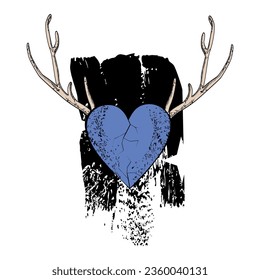 Elk antlers blue heart t-shirt design. Fantastic vector illustration.