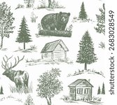 Elk and bear in forest seamless pattern. Toile de jouy style. Vector illustration.