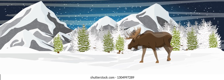 Elk with big horns walks through a snow-covered valley. Mountains and spruce forest on the horizon. Wild animals of Eurasia and North America. Realistic Vector Landscape