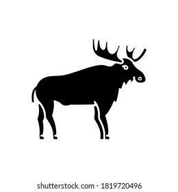 Elk black glyph icon. Hoofed ruminant animal with large antlers. American forest wildlife silhouette symbol on white space. Herbivore wapiti with big horns. Canadian moose vector isolated illustration