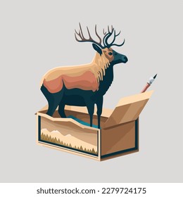 An Elk in a box with a paintbrush flat logo style