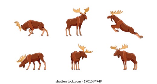 Elk or Bull Moose wild animal set of flat style vector illustrations. Funny character in various cartoon design poses. Isolated on a white background.