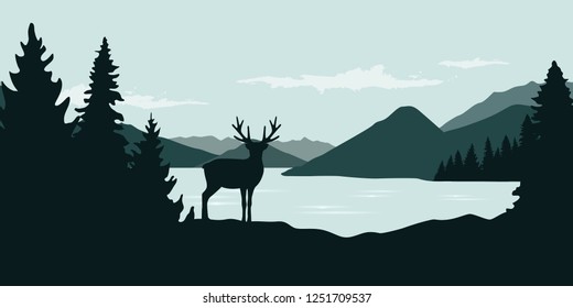 elk by the river green forest wildlife nature landscape vector illustration EPS10