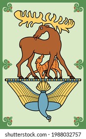 Elk with Calf and Dove. Ancient symbolic drawing. Vector illustration, clipart, poster.