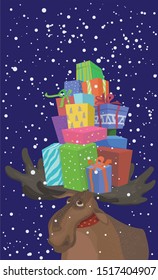Elk is carrying big pile of chrisrmas gifts on his corns. Cute cartoon vector illustration for cards, flyers, posters.