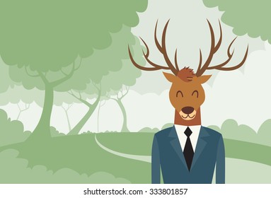 Elk Cartoon Businessman Suit Deer Head Profile Icon Portrait Business Man Flat Vector Illustration