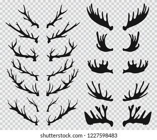 Elk and deer antlers black silhouette. Vector icons set isolated on a transparent background.